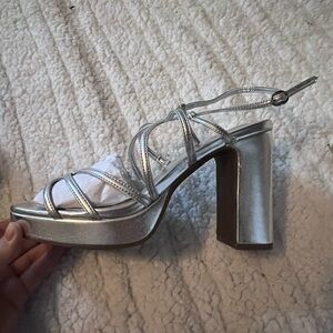 Anne Klein Silver Metallic Strappy Platform Heels